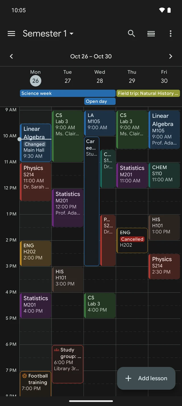 HalfPast timetable in dark theme