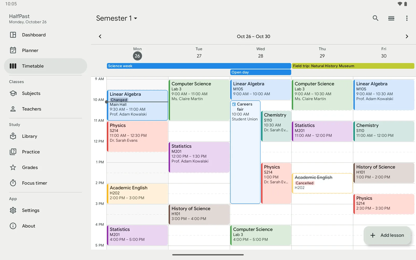 HalfPast on an Android tablet showing the full week timetable